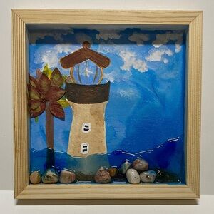 Lighthouse Mixed Media 8 x 8 inch Art Painting Home Decor NWOT (e)